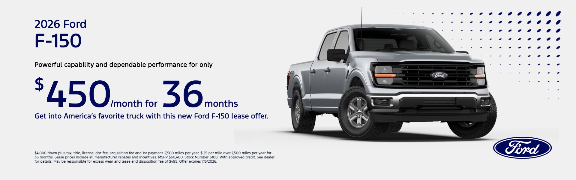 2026 Ford F-150 Only $450/Month Lease Offer